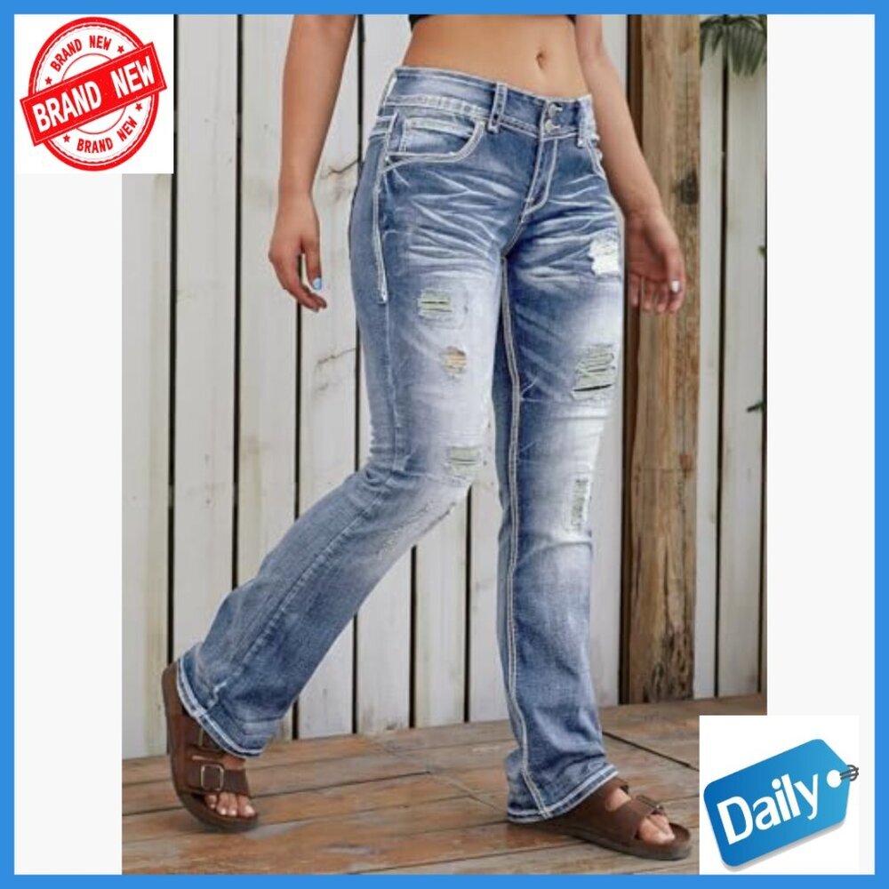 Low Rise Bootcut Jeans Distressed Ripped Denim Pants Regular Fit - Picture 4 of 5
